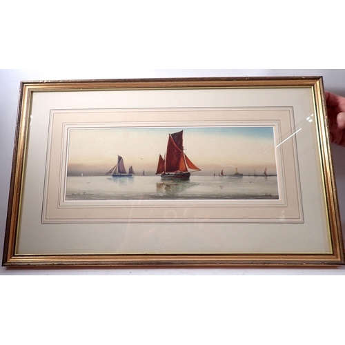 1073 - Four various watercolours sailing boats including one of sailing barges on the Thames plus one small... 