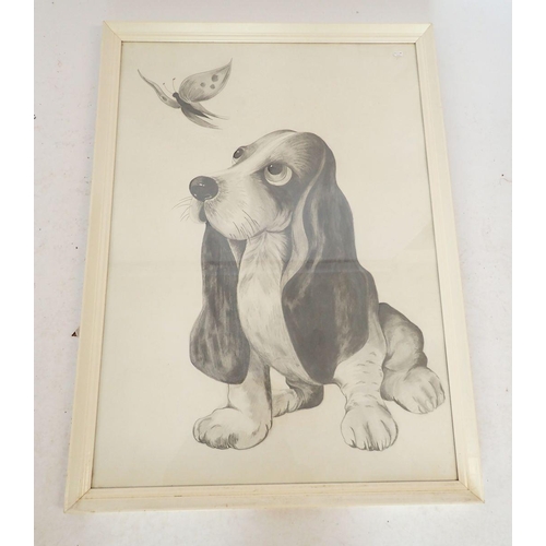 1083 - A pen and ink cartoon drawing of dog and butterfly, 73 x 52cm