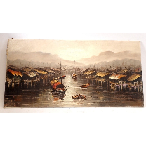 1086A - Peter Wong - oil on canvas board Eastern fishing village on stilts, 30 x 60cm