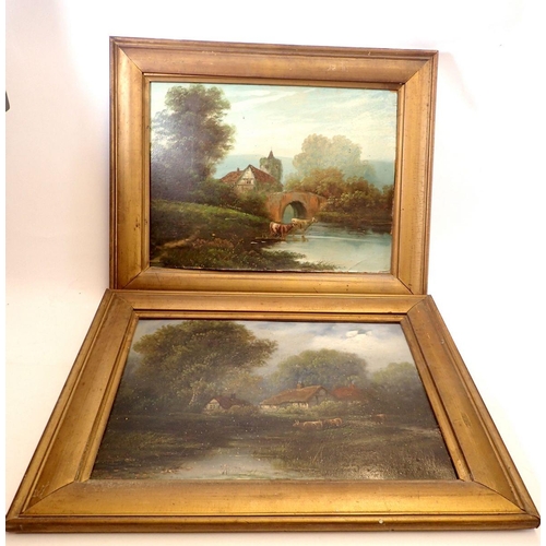 1087 - A pair of Victorian oil on artists board river landscape with cattle, 35 x 47cm