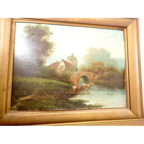 1087 - A pair of Victorian oil on artists board river landscape with cattle, 35 x 47cm