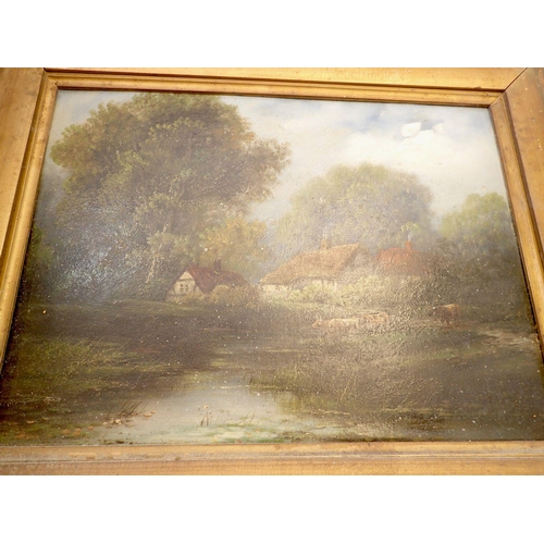 1087 - A pair of Victorian oil on artists board river landscape with cattle, 35 x 47cm