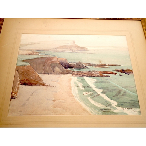 1088 - R H Munro - watercolour coastal scene, unglazed, 27 x 37.5cm