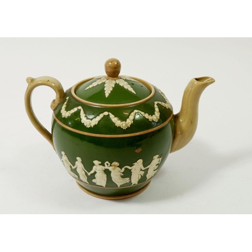 109 - An Edwardian Copeland Spode green stoneware teapot decorated dancing women, 13cm tall