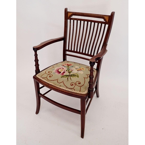 1098 - An Edwardian mahogany small slat back carver chair with tapestry seat and satinwood paterae