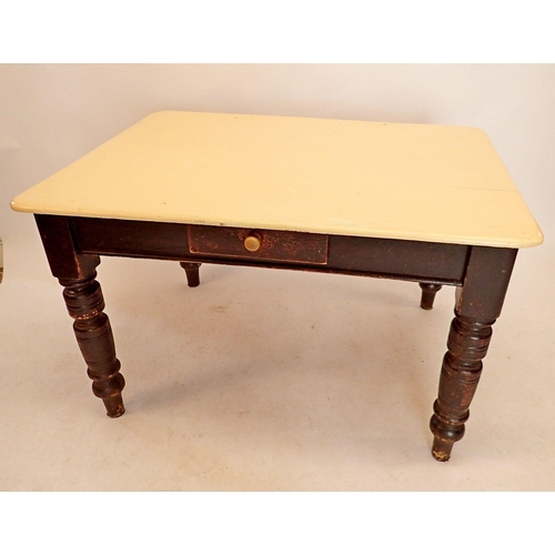 1099 - A Victorian painted pine kitchen table with drawer on turned supports, 120 x 90 x 73cm high