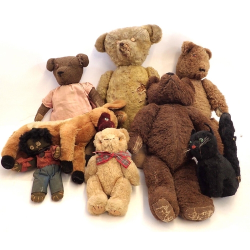 1105 - A box of antique and vintage soft toys including teddy bears, horse and musical cat