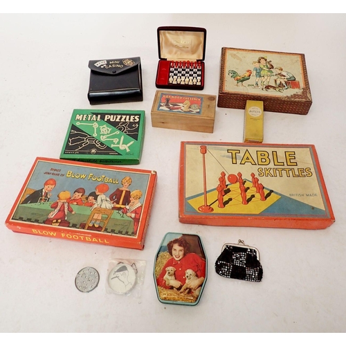 1112 - A box of vintage toys and games including a boxed Spear's Blow Football and a boxed Table Skittles