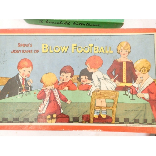 1112 - A box of vintage toys and games including a boxed Spear's Blow Football and a boxed Table Skittles