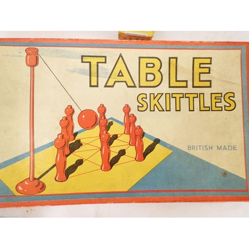 1112 - A box of vintage toys and games including a boxed Spear's Blow Football and a boxed Table Skittles