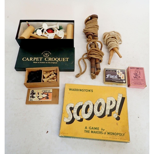 1115 - A boxed Townsend carpet croquet set together with other games, complete wooden chess set, three vint... 