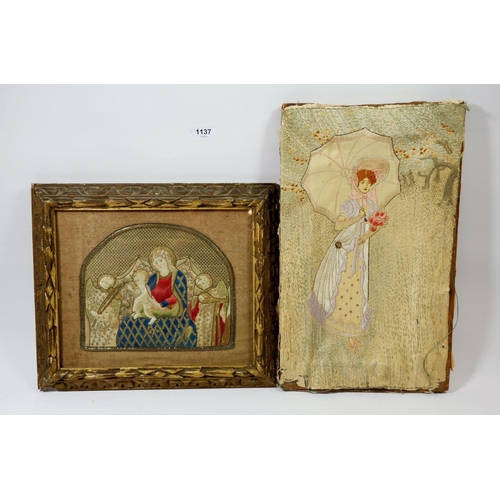 1137 - A Victorian embroidered picture of The Virgin & Child with angels, 18 x 12cm and an embroidered 1960... 