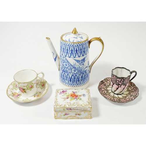 114 - A Dresden floral painted porcelain box, a Royal Crown Derby cabinet cup and saucer, a silver clad cu... 