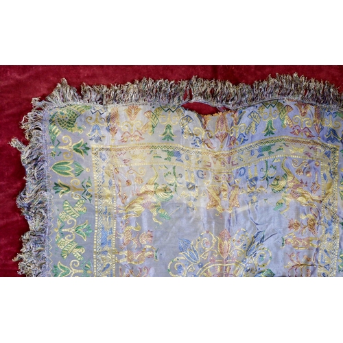 1143 - An embroidered satin tablecloth 125 x 125cm  with Egyptian motifs and a large Indian cotton bedsprea... 