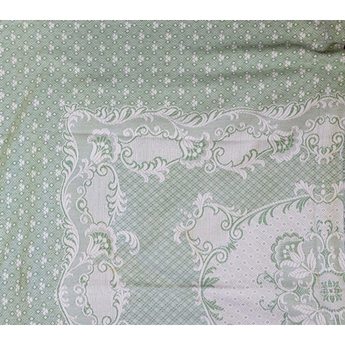 1145 - A green vintage woven cotton counterpane 200 x 230cm approx. and a pair of green Lister curtains eac... 