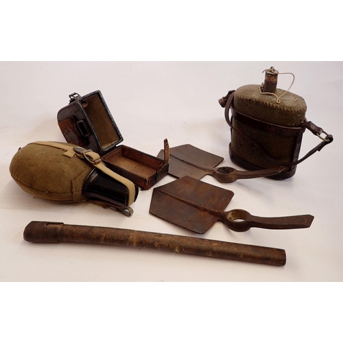 1155 - Two WWI military trenching spade heads, two felt covered water bottles etc.