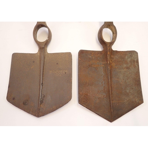 1155 - Two WWI military trenching spade heads, two felt covered water bottles etc.