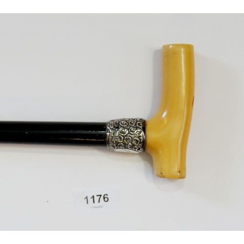 1176 - A Victorian walking stick with simulated ivory handle and silver collar, Chester 1893