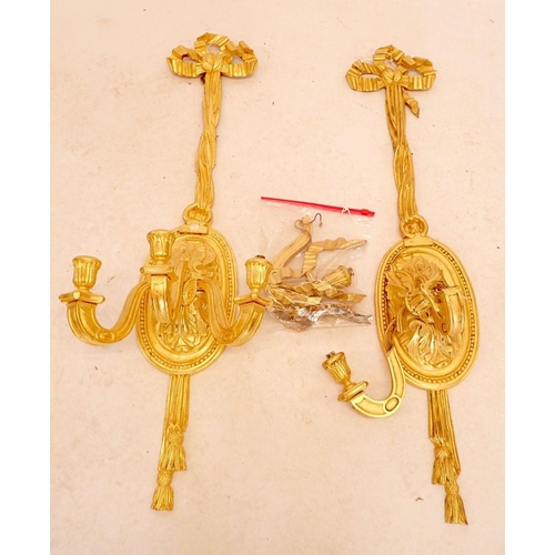 1182 - A pair of carved large gilt wood wall sconces with ribbons - damaged, 100cm