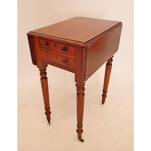 1184 - A Victorian mahogany dropleaf work table with two drawers and turned supports