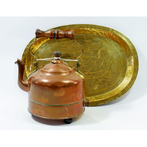 1188 - A copper and brass early electric kettle and an oval brass engraved tray 37cm wide