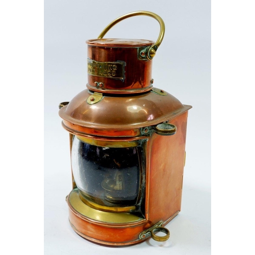 1190 - A copper ships 'Overtaking' lantern Patent No. 4895, 21cm tall