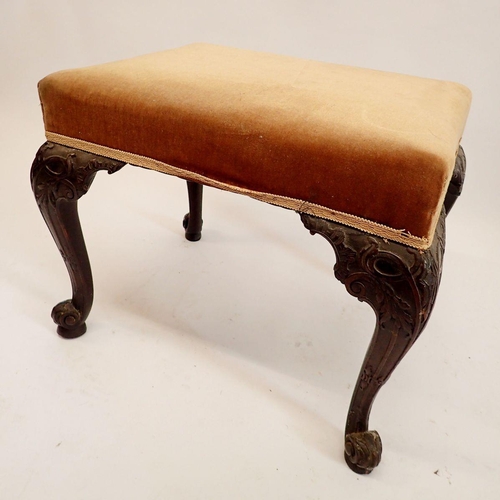 1211 - A George III mahogany stool, the four carved cabriole supports with scroll feet, top 57 x 44cm