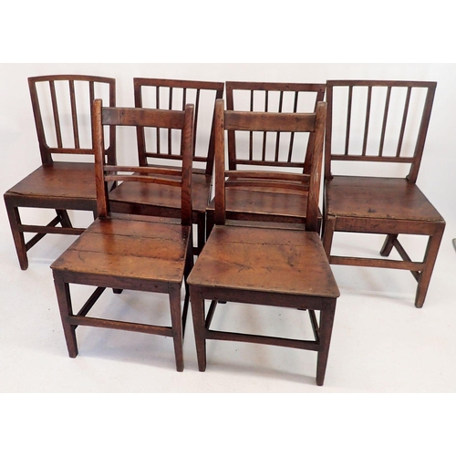 1220 - A matched set of four Georgian oak and elm slat back chairs with solid seats and two bar back chairs