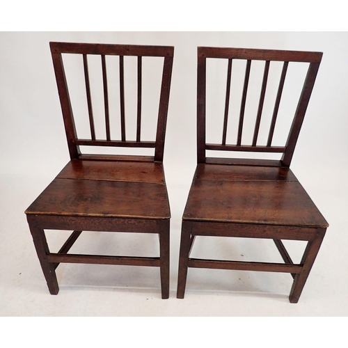 1220 - A matched set of four Georgian oak and elm slat back chairs with solid seats and two bar back chairs