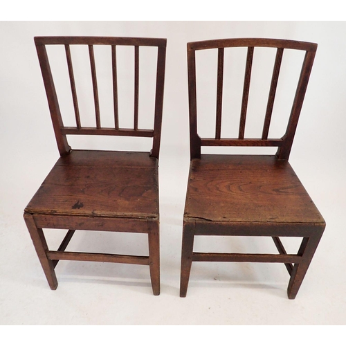 1220 - A matched set of four Georgian oak and elm slat back chairs with solid seats and two bar back chairs