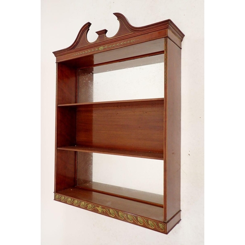 1252 - An Edwardian mahogany mirror back wall shelf with swan neck pediment and green painted classical dec... 