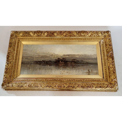 1261 - Prof Karl Heffner - oil on canvas 'A Grey Day' - river landscape in gilt frame, damaged, 36 x 86cm