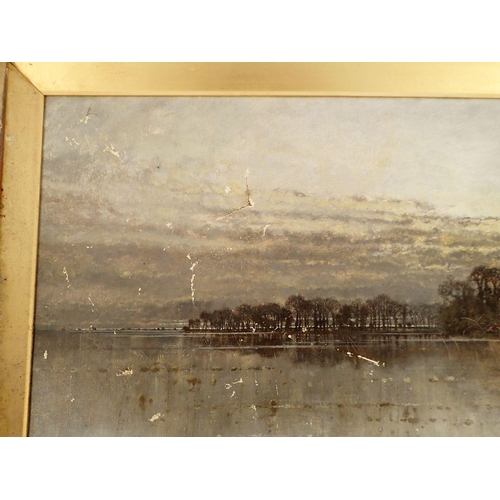 1261 - Prof Karl Heffner - oil on canvas 'A Grey Day' - river landscape in gilt frame, damaged, 36 x 86cm