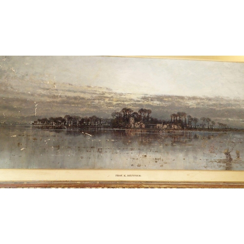 1261 - Prof Karl Heffner - oil on canvas 'A Grey Day' - river landscape in gilt frame, damaged, 36 x 86cm