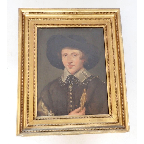 1262 - A 19th century oil on canvas portrait of a young man in 17th century costume and lace collar, holdin... 