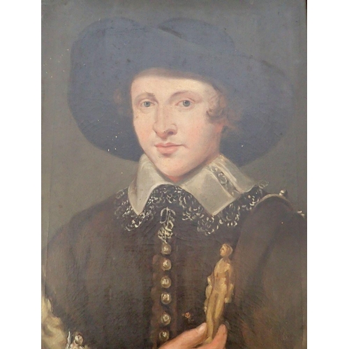 1262 - A 19th century oil on canvas portrait of a young man in 17th century costume and lace collar, holdin... 