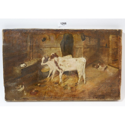 1266 - An early 19th century oil on canvas two calves in a barn with chickens, 26 x 42cm