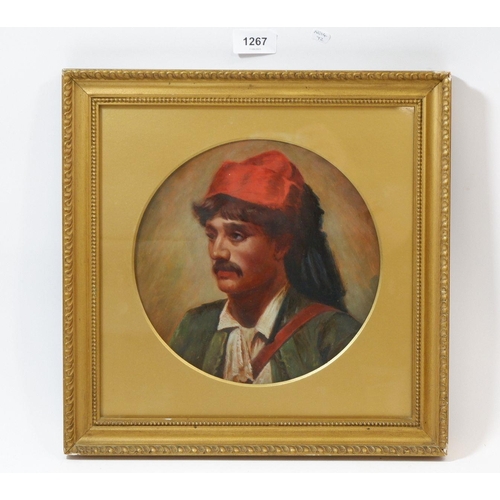 1267 - A 19th century oil portrait of an Italian man on red stoneware plate, framed and glazed, 222cm diame... 