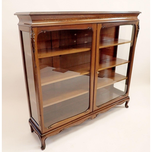 1275 - An early 20th century mahogany two door display cabinet with satinwood and penwork marquetry to frie... 