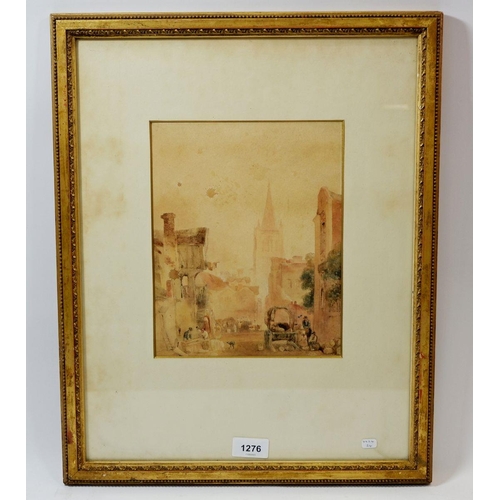 1276 - A 19th century watercolour continental town scene with street traders, 24 x 19cm