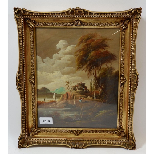 1278 - An oil on copper classical style landscape with traveller, signed indistinctly, 23 x 29cm