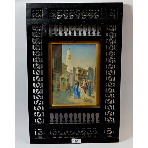 1280 - A watercolour 'In The Muski, Cairo, Egypt', monogrammed F.S.L and dated 1908 in decorative ebonised ... 