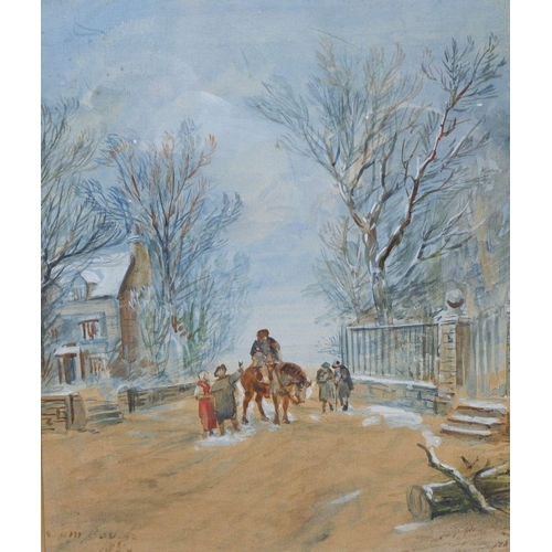 1281 - Samuel Bough - watercolour figures and man on horseback in village scene, signed, 21 x 17cm