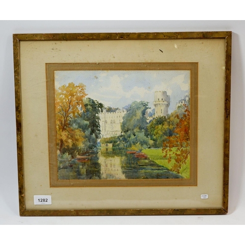 1282 - A M Ward - watercolour castle and gardens with river, 24 x 29cm, signed and dated 1921