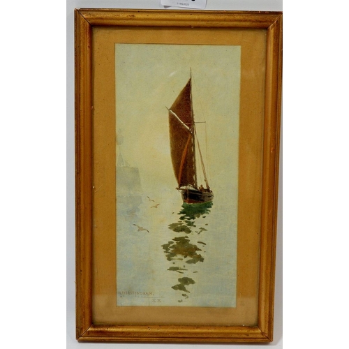 1283 - William Ayerst Ingram - watercolour of a yacht, 22 x 10cm approx.