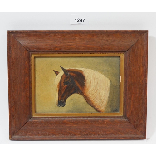 1297 - A naive oil on board horse head monogrammed GB, 12 x 18cm