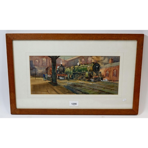 1298 - Micheal Crawley - watercolour of a steam train 'Early Morning, On Shed' 16 x 26cm