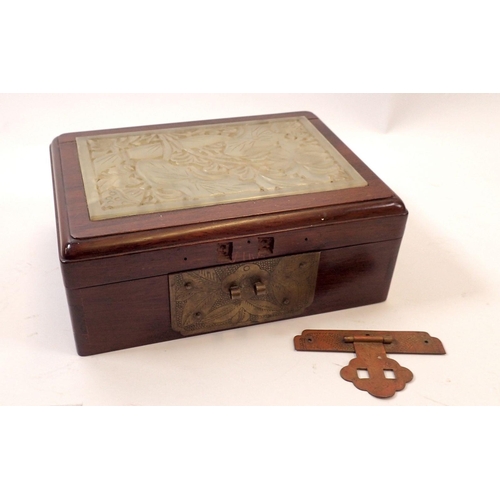 654 - A mahogany oriental card box with green stone inset lid, 15 x 11cm