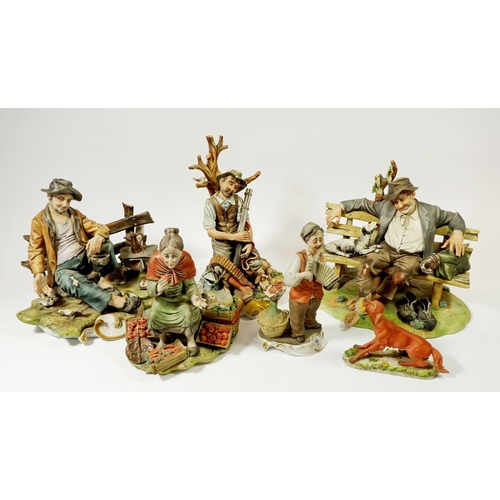 67 - Five various Capodimonte groups and a dog, with certificates, tallest 25cm