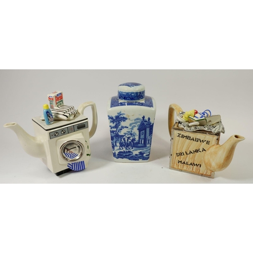 71 - A blue and white tea caddy and two novelty teapots